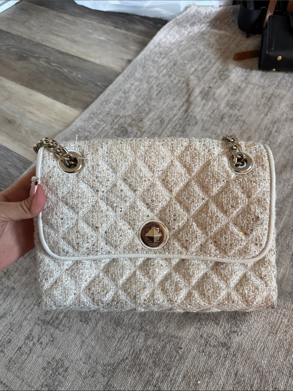 Kate Spade Elegant Quilted Cream and Gold Shoulder Bag with Chain Strap